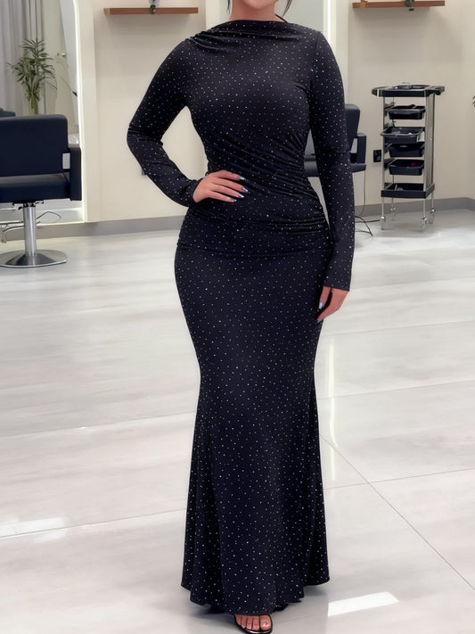 Black Rhinestone-Embellished Maxi Dress With Long Sleeves And Mermaid Silhouette NorixaFashion.com