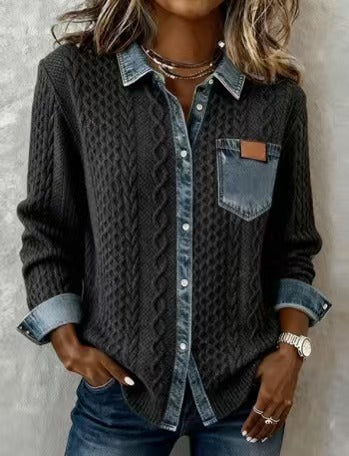 Stylish, Versatile Knitted Patchwork Denim Shirt For Women NorixaFashion.com