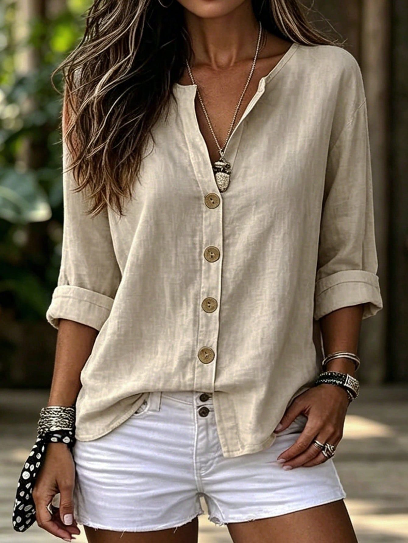 Womens V-neck Cotton-Linen Button-Down T-shirt Top NorixaFashion.com