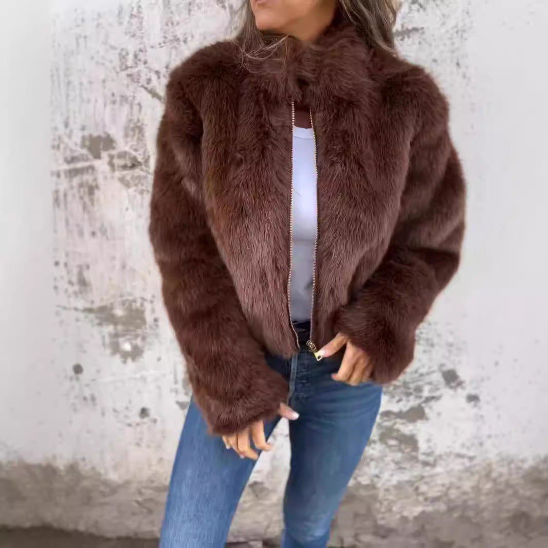 Fashion Stand Collar Plush Jacket Winter Casual Turtleneck Zipper Coat Fleece Tops Women's Clothing LuxuryLifeWay Online Store