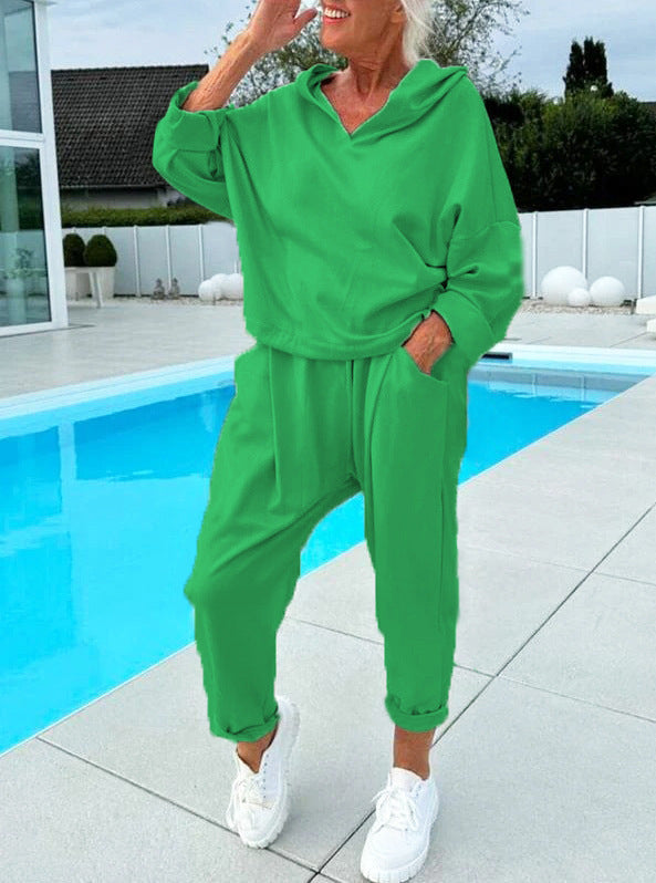 Women's Solid Color Hooded Sweatshirt Two-piece Set LadyShow.Store
