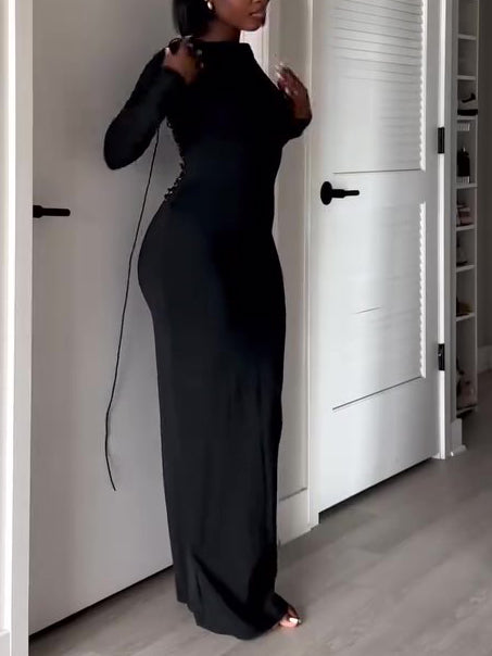 Sexy Long Sleeve Halter Maxi Dress NorixaFashion.com