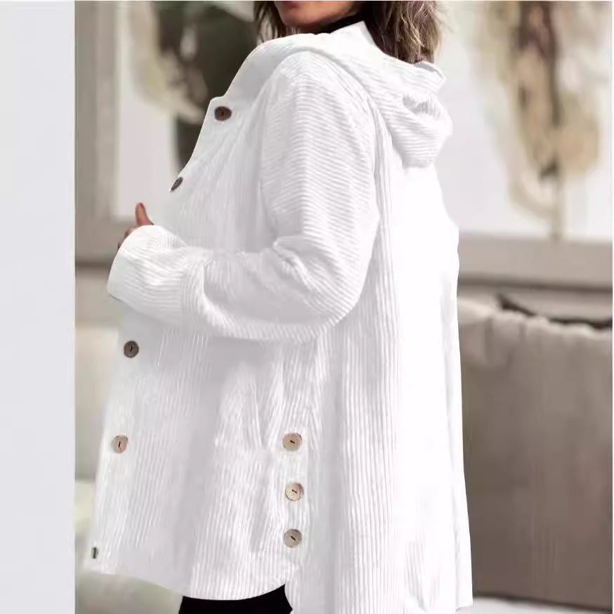 Women's Corduroy Hooded Jacket Fashion Warm Pockets Button Mid-length Top Casual Fall Winter Outwear Clothing LuxuryLifeWay Online Store