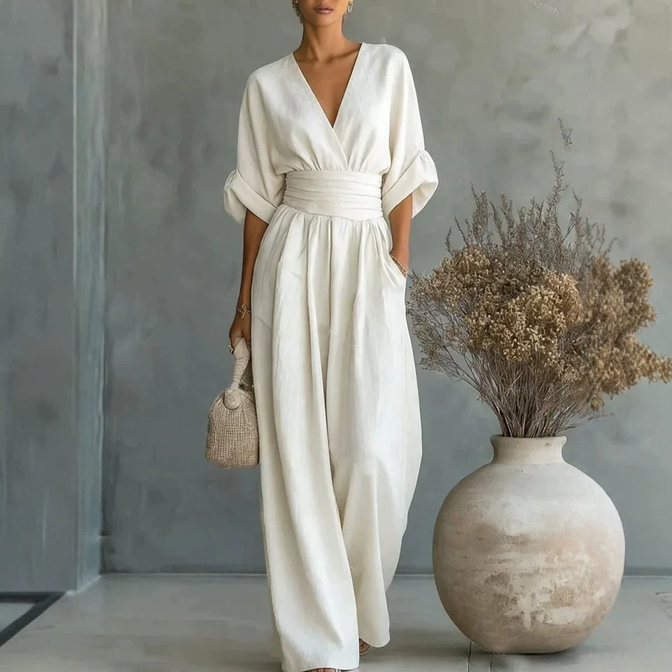 Summer Short-sleeved Jumpsuit Fashion Casual V-Neck Wide-Leg Pants Womens Clothing LadyShow.Store
