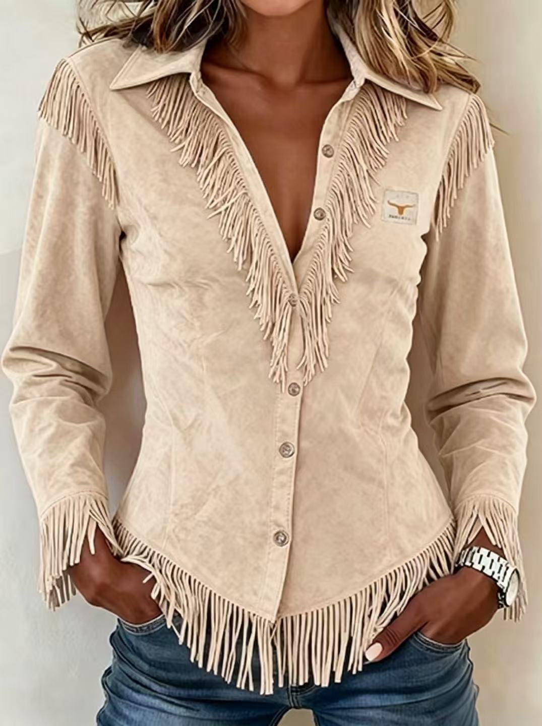 Western Cowboy-Style Suede Fringe Slim-Fit Long-Sleeve Shirt NorixaFashion.com