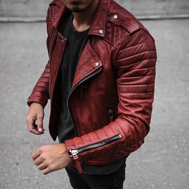 Men's Slim Fit Brown PU Leather Jacket with Lapel Pi-Mart
