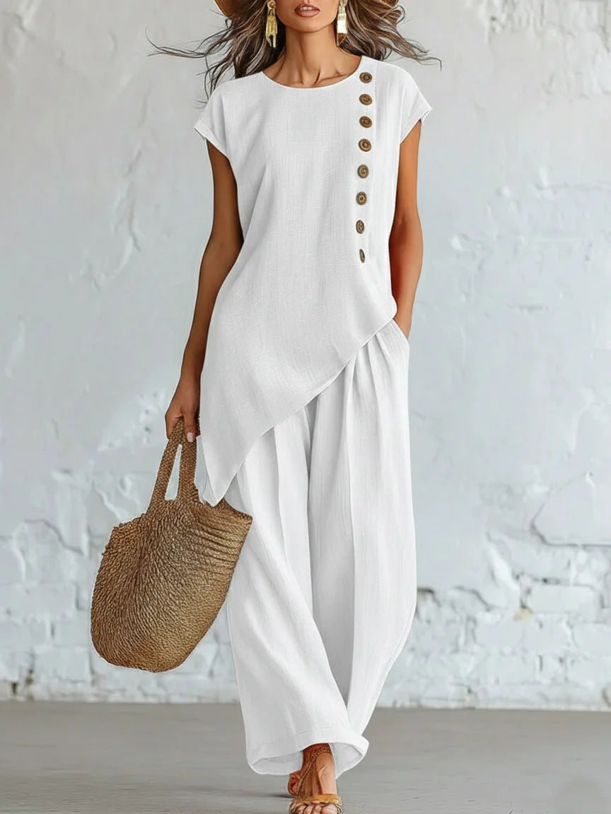 Womens Solid-Color Crew-Neck Buttoned Short-Sleeve Wide-Leg Pants Set NorixaFashion.com