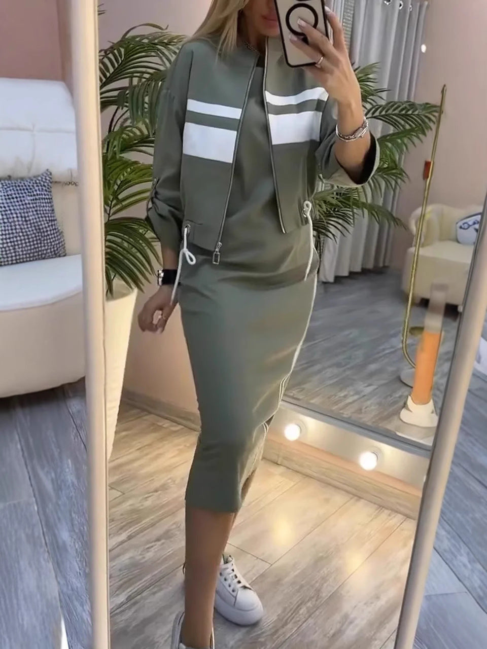 Casual Zipper White Stripe Edge Jacket Coat Dress Women's Suit LuxuryLifeWay Online Store