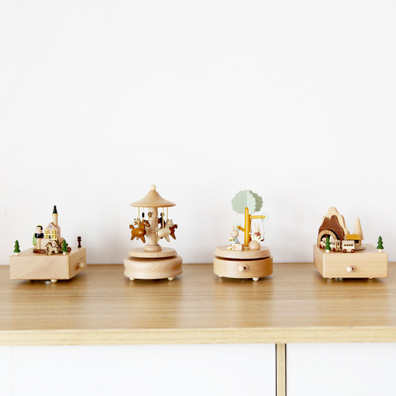 Wooden Music Box Music Box Creative Home Decoration Gifts Children's Birthday Gifts Carousel Swing Rabbit