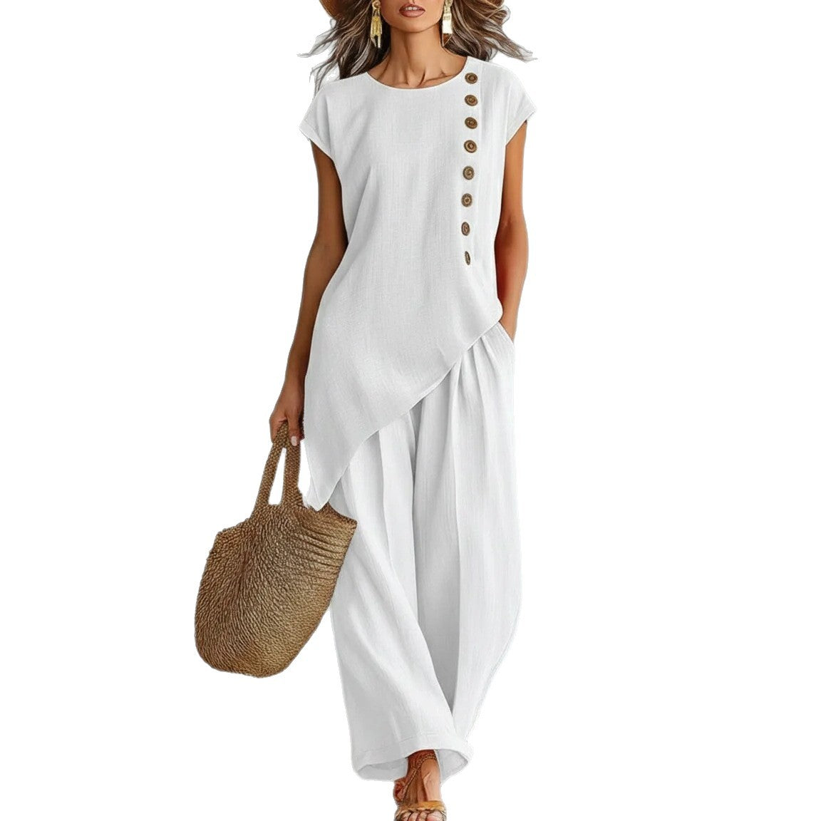 Womens Solid-Color Crew-Neck Buttoned Short-Sleeve Wide-Leg Pants Set NorixaFashion.com
