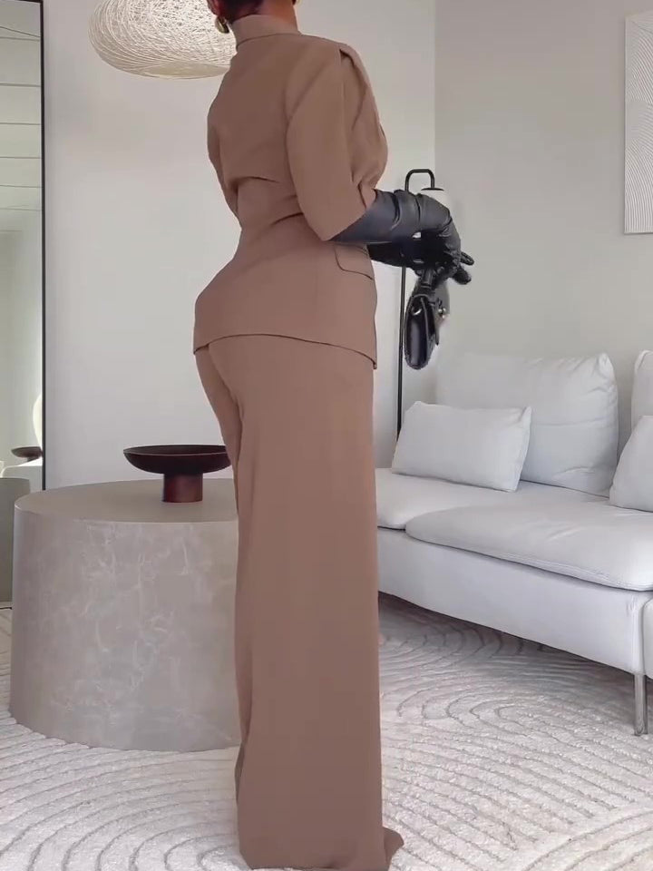 Brown Short-sleeved Blazer & High-waisted Pants Suit NorixaFashion.com