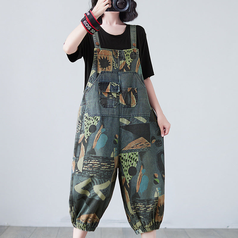 Summer Real Shot Printed Denim Slim Overalls Pi-Mart