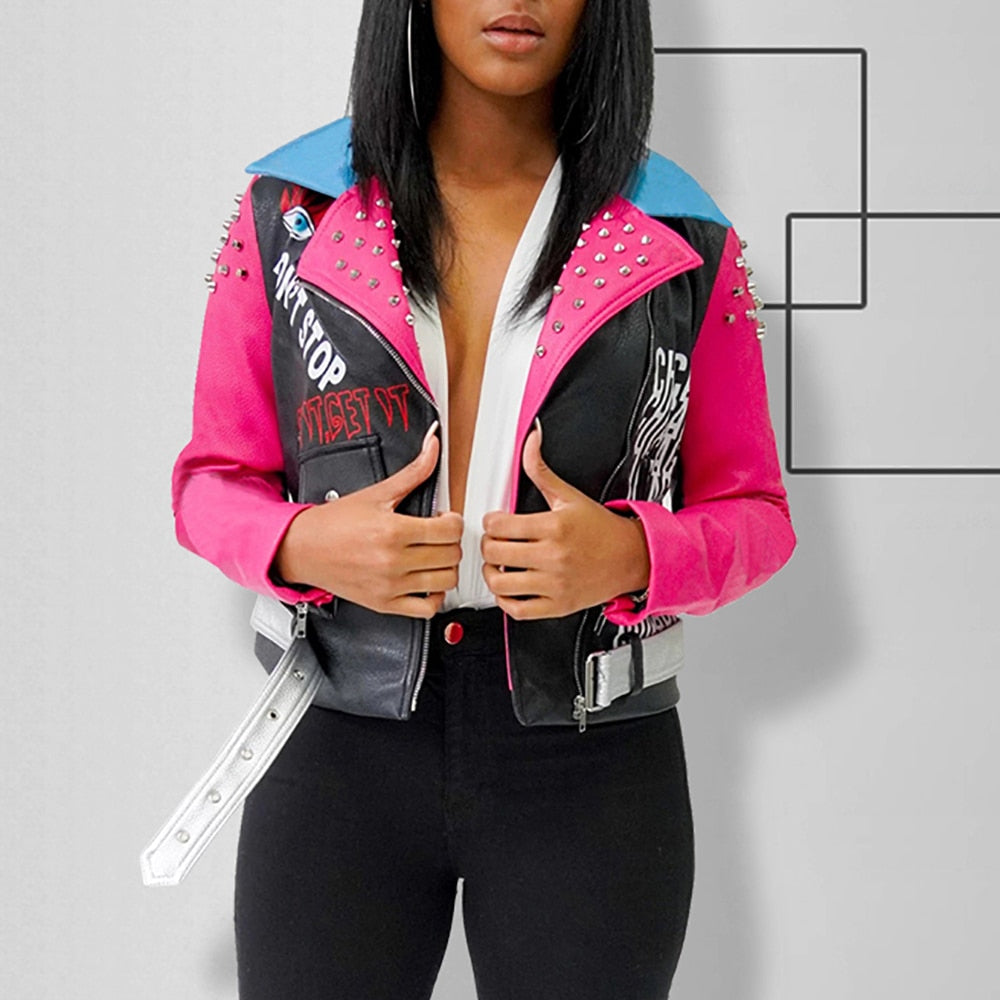 Trendy Color-blocked PU Leather Jacket for Women Pi-Mart
