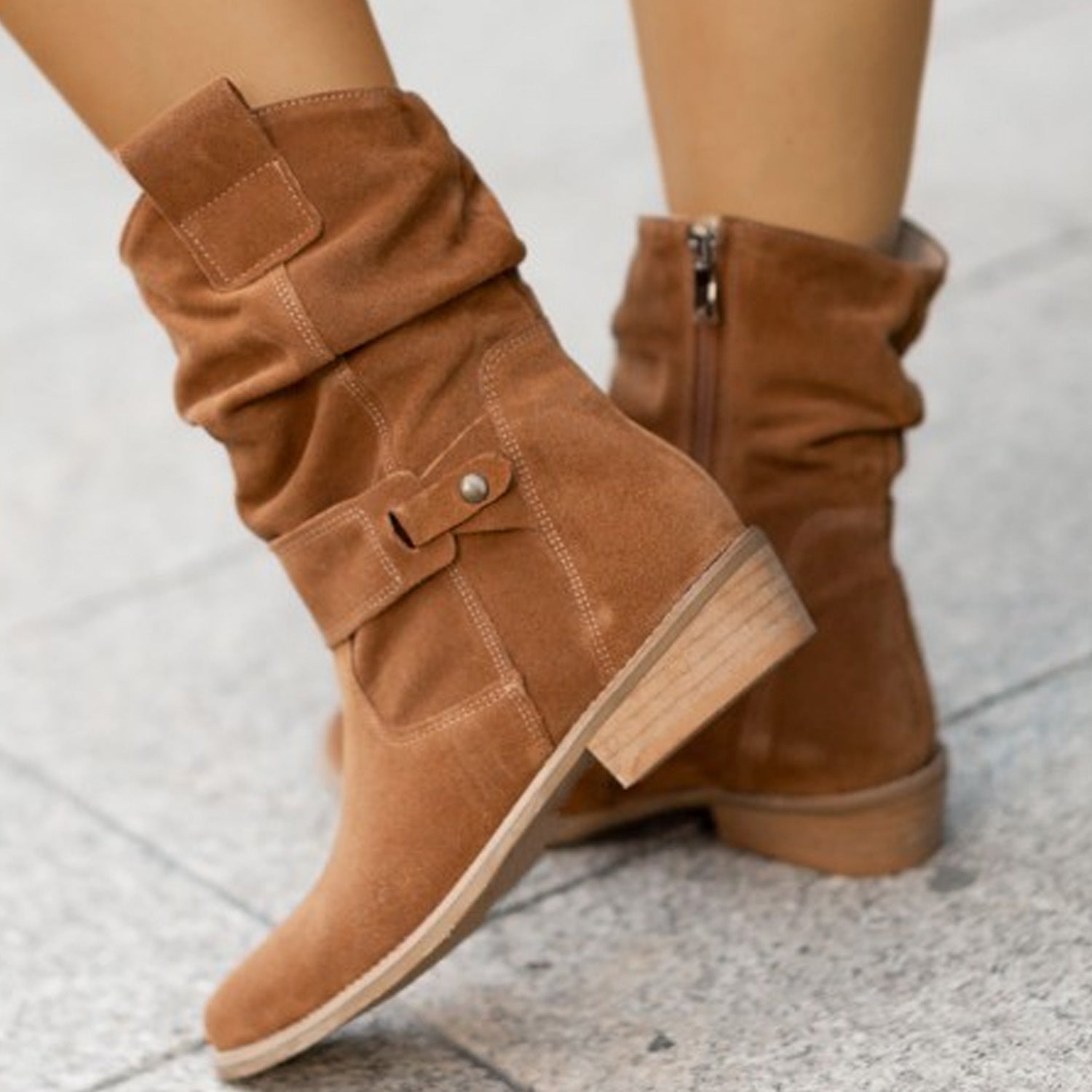 Ins Pointed Toe Mid-calf Boots Fashion Suede Zipper Western Boot Winter Shoes For Women LadyShow.Store