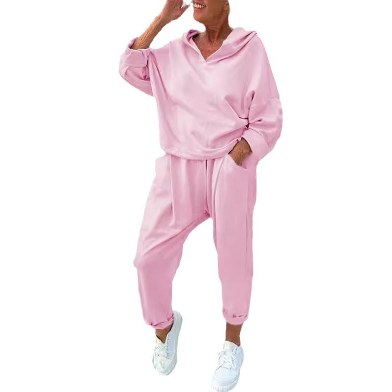 Women's Solid Color Hooded Sweatshirt Two-piece Set LadyShow.Store