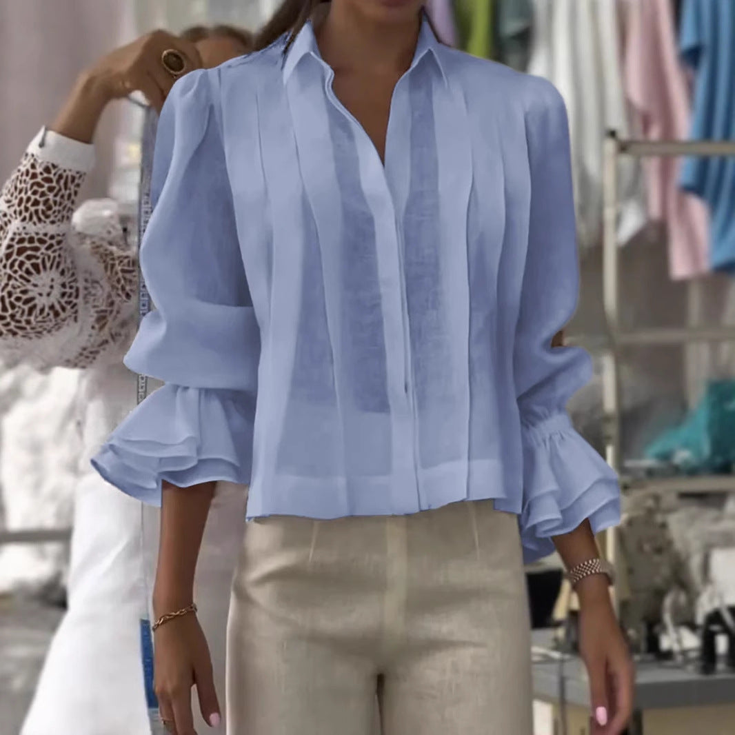 Pleated Solid Color Stitching Short Sleeve Shirt NorixaFashion.com
