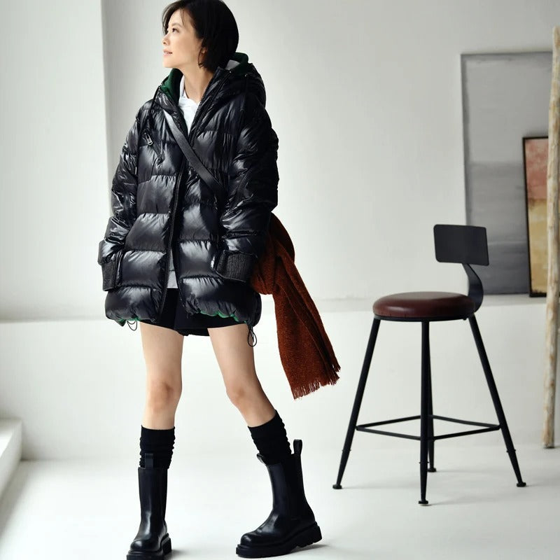 Contrast Stitching Fake Two-piece Loose And Thickened Bright Hooded Down Jacket Best YouTube Store