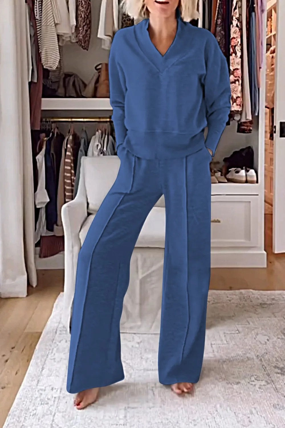 V-neck Long Sleeve Loose Top Wide Leg Pants Two-piece Set NorixaFashion.com