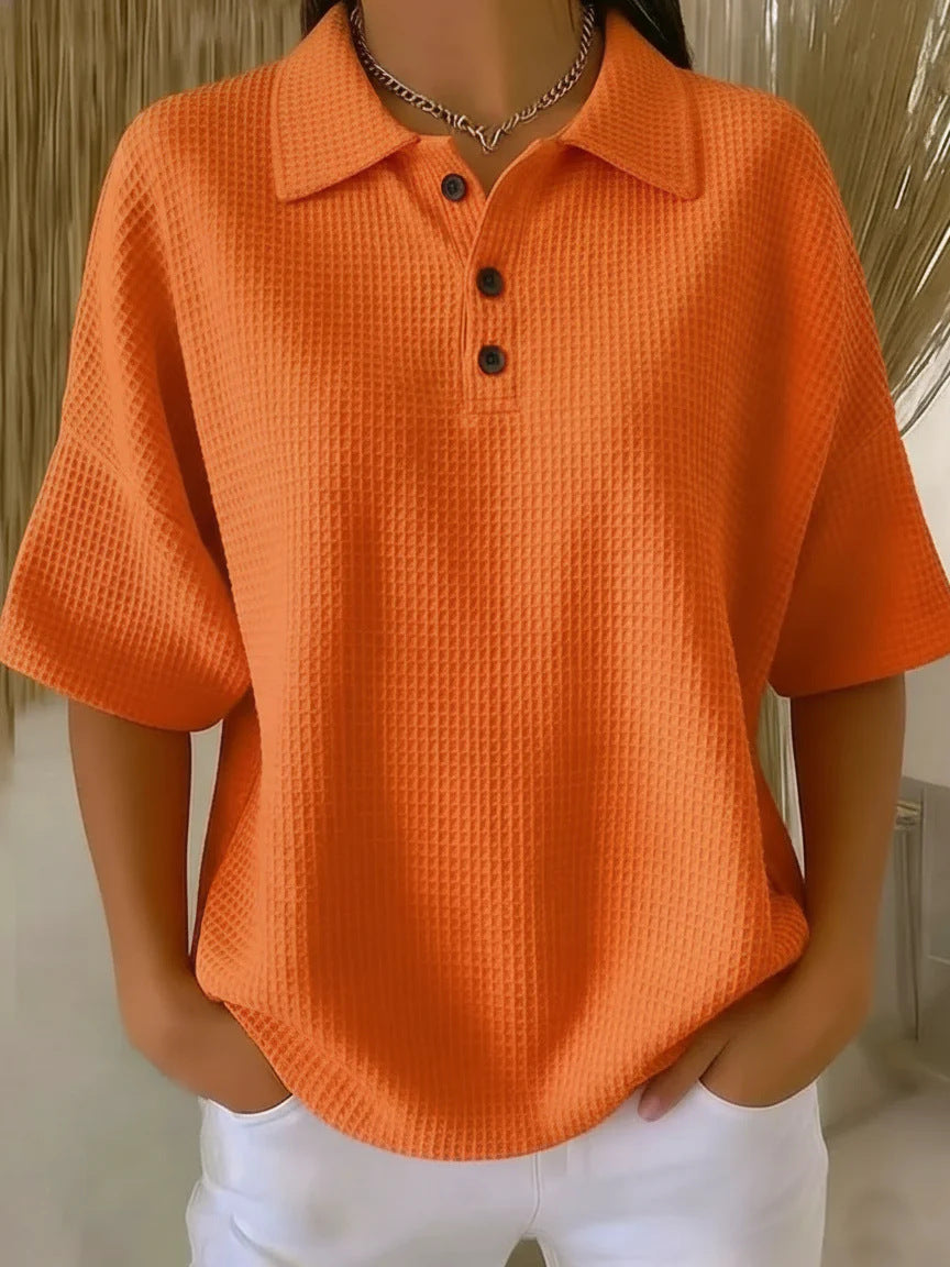 Women's Casual Loose Comfortable Lapel-Neck T-Shirt With Buttons NorixaFashion.com