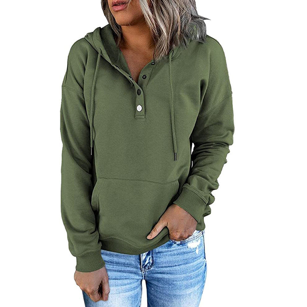 Long-sleeved Hooded Sweatshirt With Pockets Fashion Casual Button Drawstring Design Hoodie Top Spring And Autumn Sports Clothing For Women LadyShow.Store