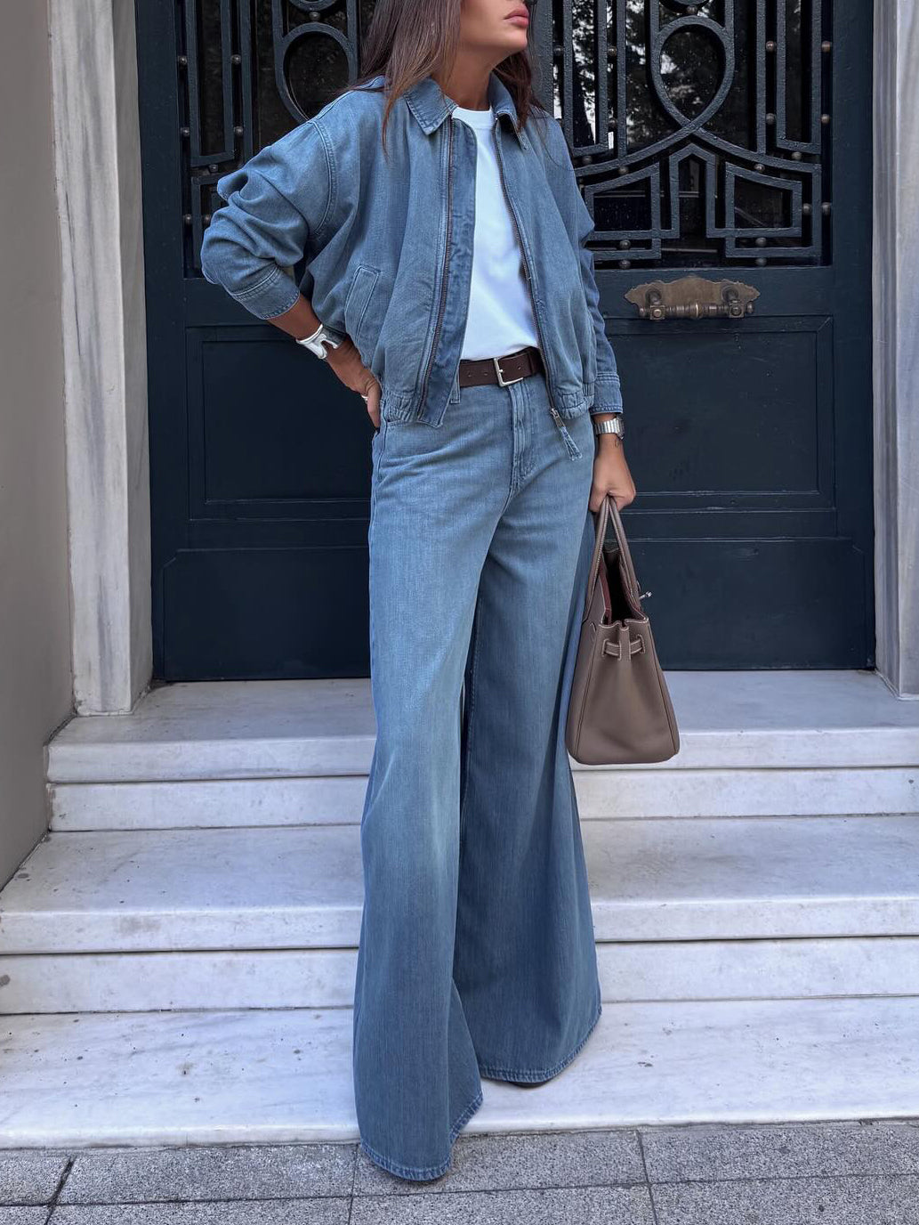 Light Blue Denim Cropped Jacket And Wide-leg Jeans Set NorixaFashion.com