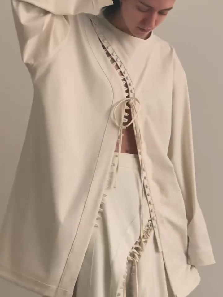 Cream Lace-Up Detail Top And Asymmetric Maxi Skirt Set NorixaFashion.com