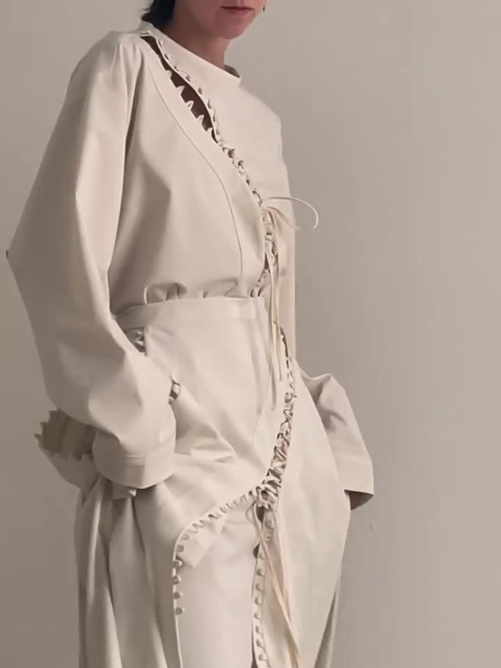 Cream Lace-Up Detail Top And Asymmetric Maxi Skirt Set NorixaFashion.com