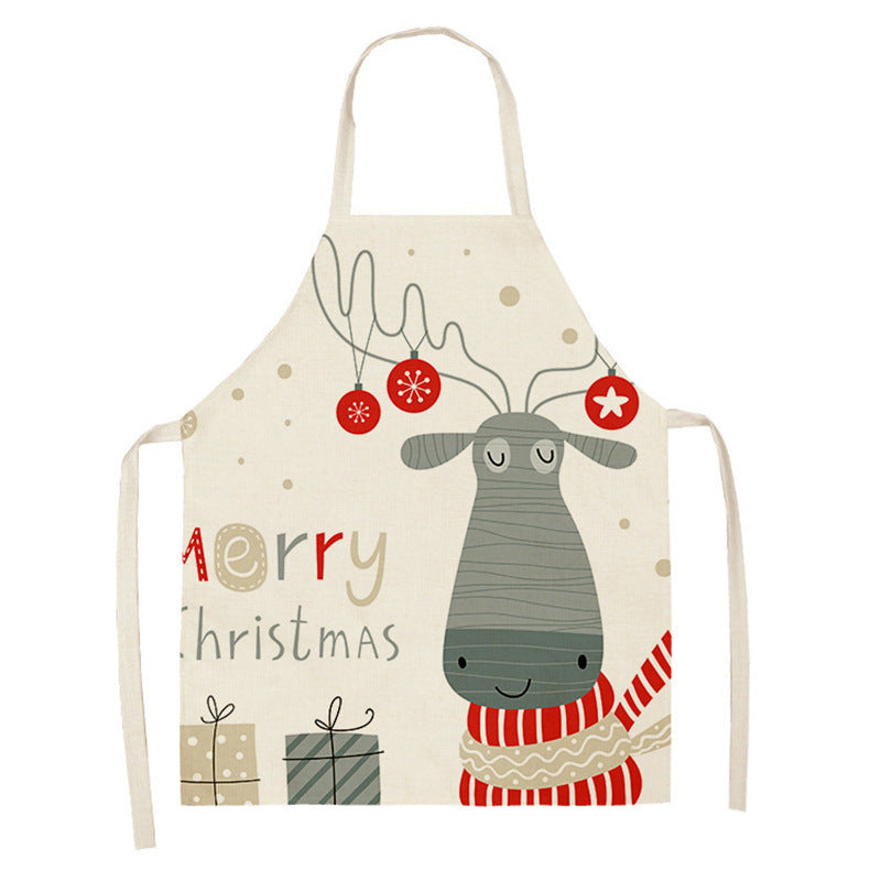 Christmas Deer Art Pattern Female Cleaning Home Cooking Kitchen Apron Chef Ear Cotton Linen PearlNestDecor.com
