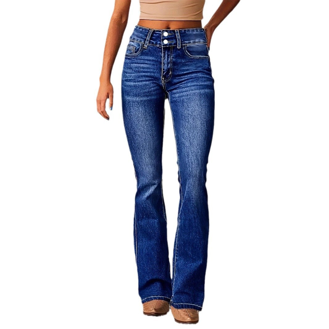 Skinny Flared Jeans With Pockets Fashion Button Zipper Trousers Women's Slim Denim Pants LadyShow.Store