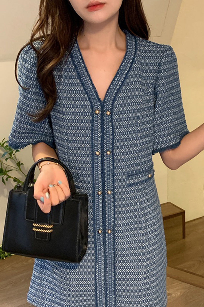 Metal Single Breasted Denim Dress Women NorixaFashion.com
