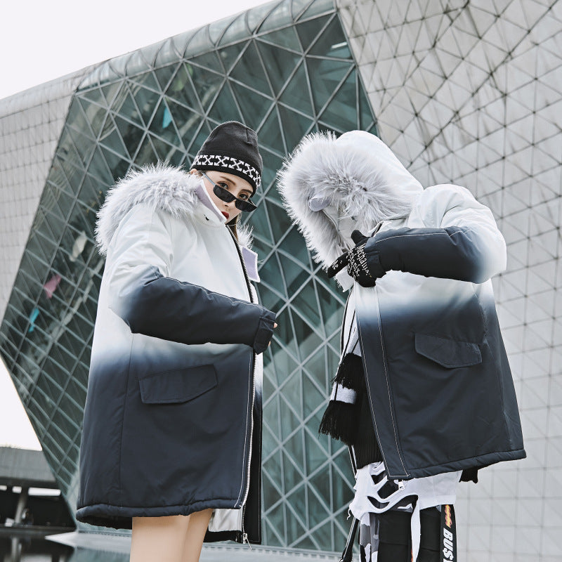 Gradient Cotton Jacket with Large Fur Collar for Couples Pi-Mart