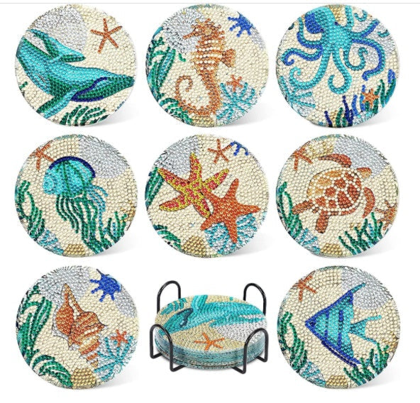 Ocean Series Diamond Painting Coaster Set Rhinestones Wooden Table Placemat With Rack For Home Decor Kitchen Accessories PearlNestDecor.com