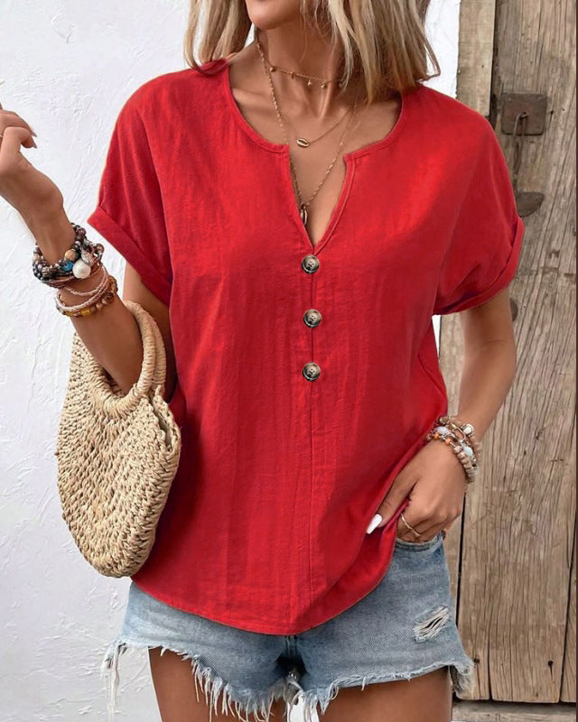 Women's Buttoned V-neck Short-sleeve T-shirt Top LadyShow.Store