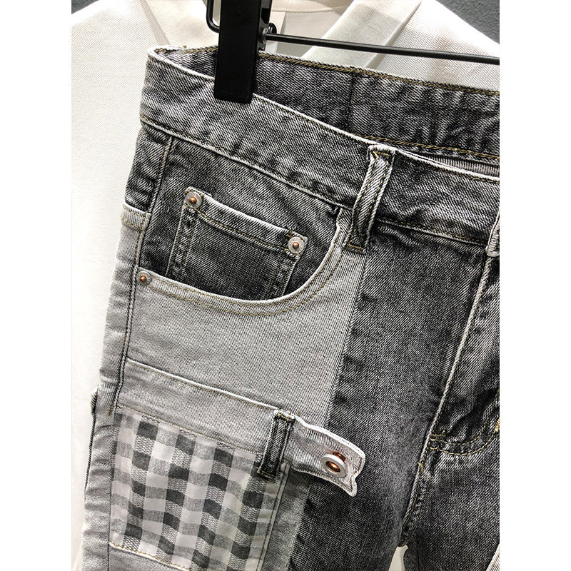 Summer Gray Denim Patchwork Plaid Hip-Hop Shorts Pi-Mart