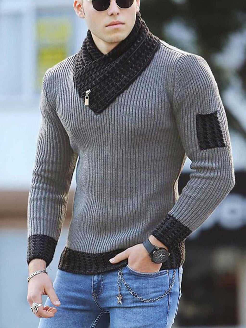 Independent Station Casual Slim Knit Pullover Long-sleeved Scarf Collar Sweater Men's LadyShow.Store