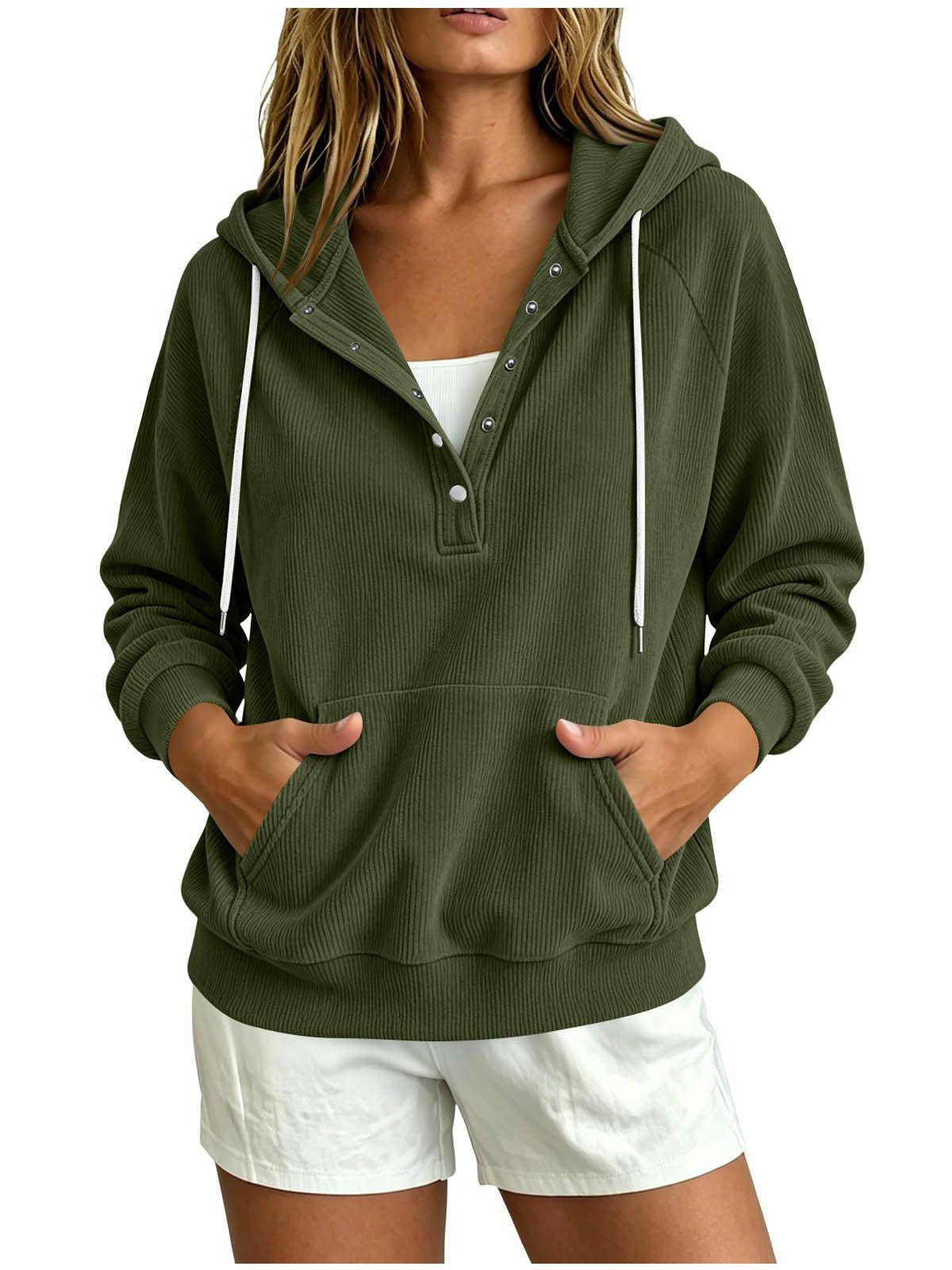 2026 Autumn New Style European Women's Dressy Corduroy Hooded Sweatshirt With Half-Closed Button And Drawstring Loose Top For Women NorixaFashion.com