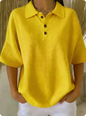 Women's Casual Loose Comfortable Lapel-Neck T-Shirt With Buttons NorixaFashion.com