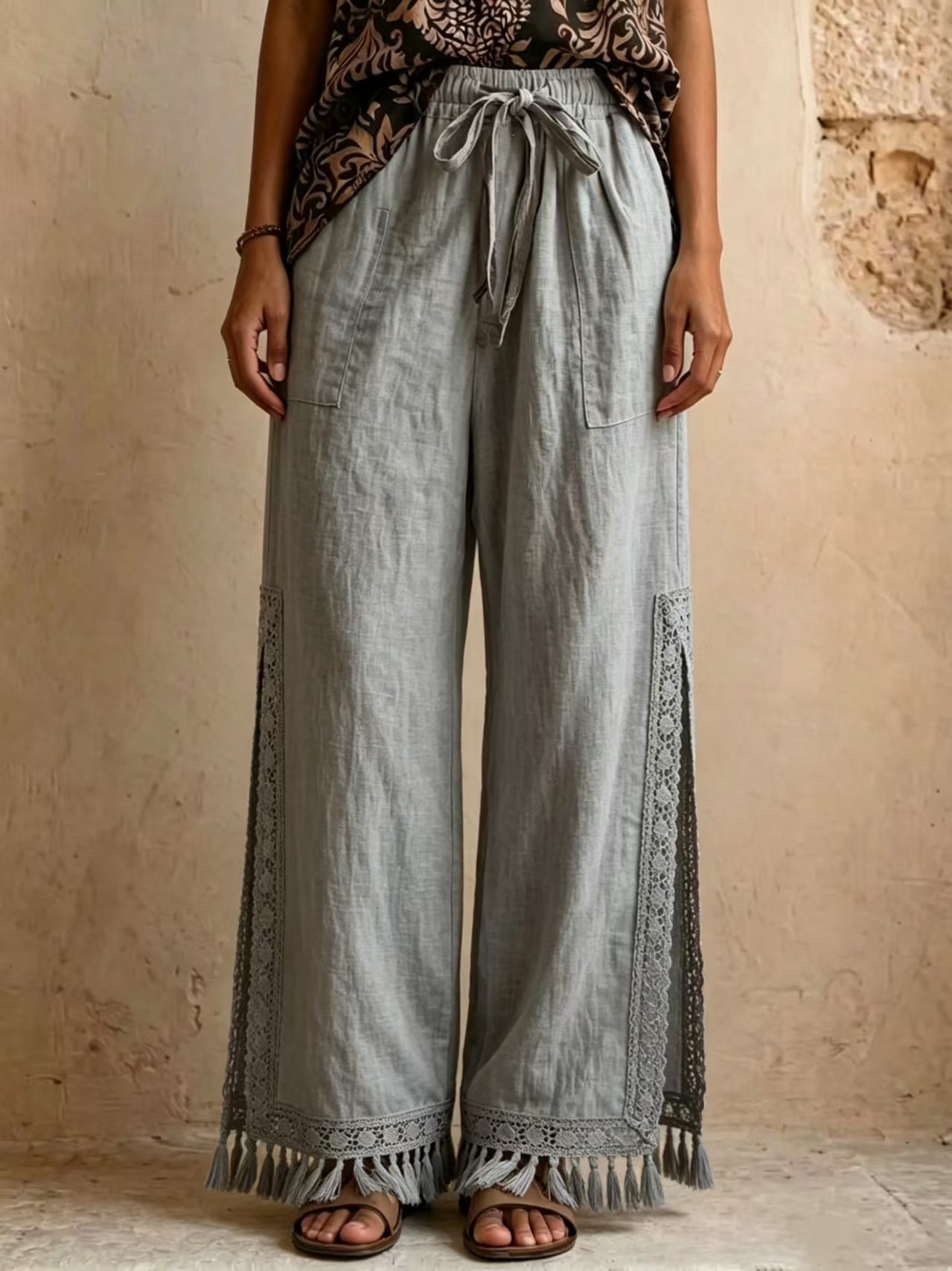 Side-slit Lace Tassel Bohemian-style Wide-leg Vacation Pants NorixaFashion.com