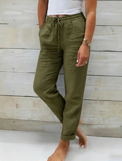 Elastic Waist Solid Cotton Hemp Pants NorixaFashion.com