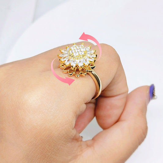 Rotating SUNFLOWER Full Diamond Sunflower Ring CJD2