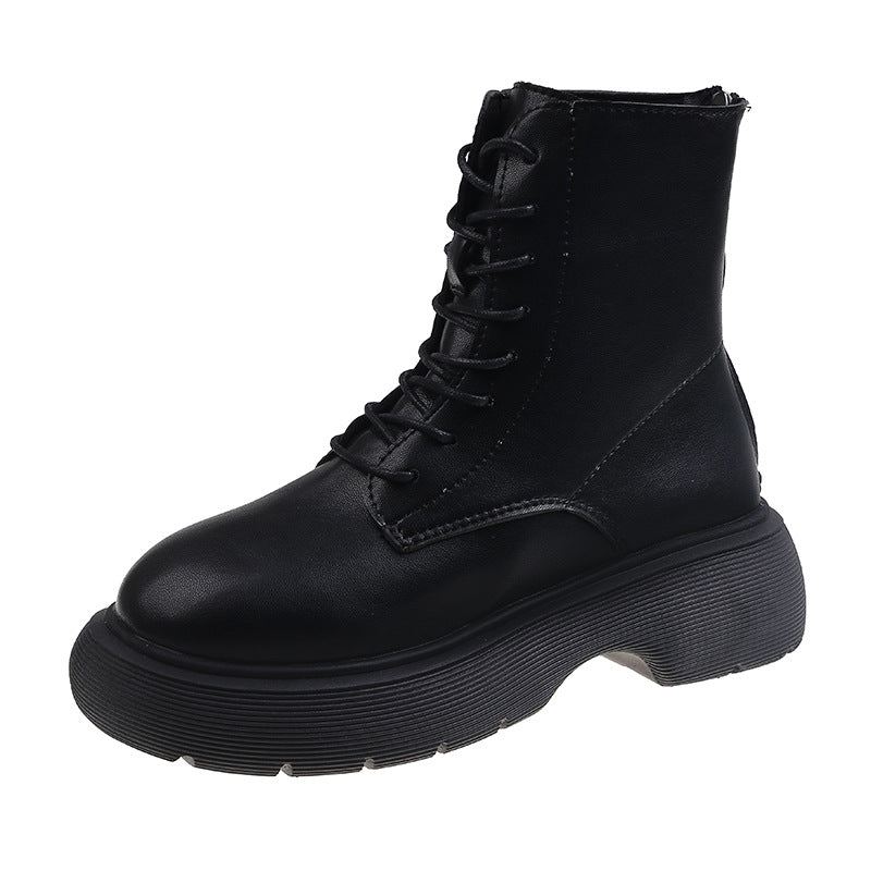 Leather Round Toe Chunky Heel Lace-up Martin Boots LadyShow.Store