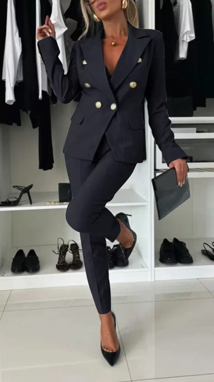 Casual Blazer Suit Slim Lapel Double-breasted Jacket And Zip-up Trousers Women's Clothing NorixaFashion.com