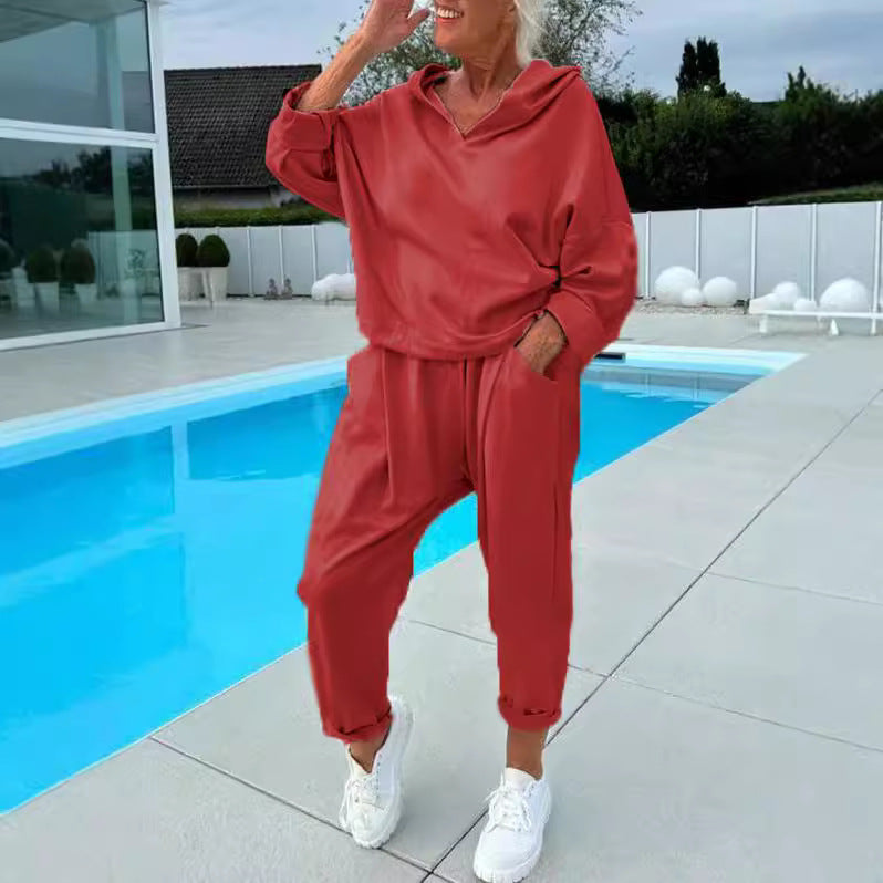 Women's Solid Color Hooded Sweatshirt Two-piece Set LadyShow.Store