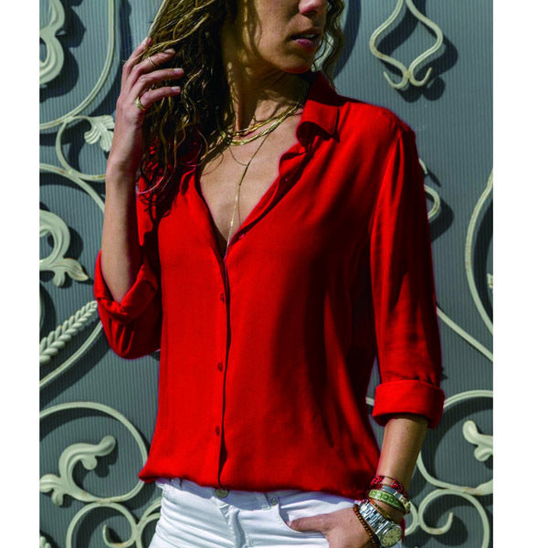 Long sleeve ladies lapel button shirt NorixaFashion.com