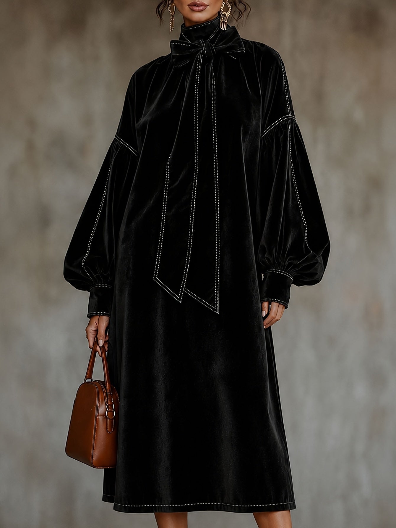 New High-neck Velvet Dress With Bow NorixaFashion.com