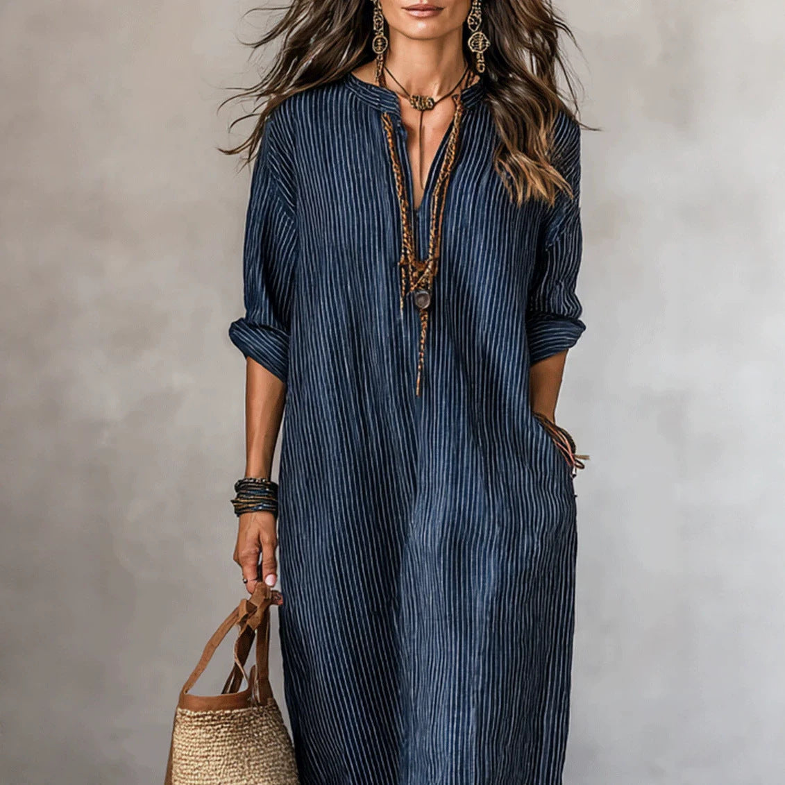 Fashionable V-neck Striped Loose-fit Dress NorixaFashion.com