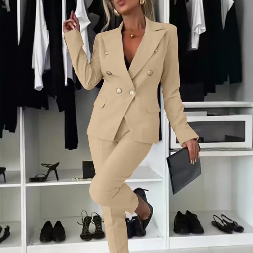 Casual Blazer Suit Slim Lapel Double-breasted Jacket And Zip-up Trousers Women's Clothing NorixaFashion.com