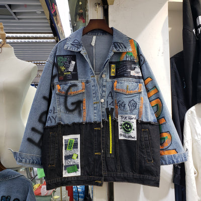 Women's Spliced Graffiti Print Denim Jacket for Streetwear Pi-Mart