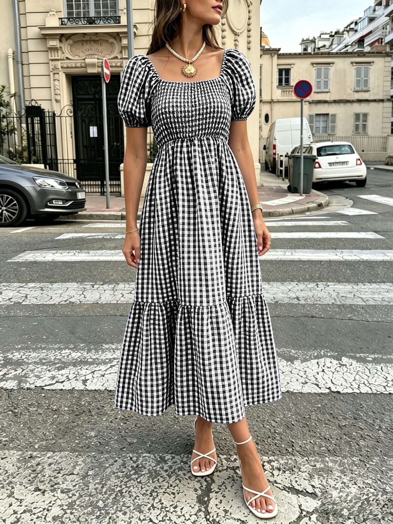 Women's Literary Retro Style Puff Sleeve Dress  Vichy Check Square Neck High Waist Tiered Dress NorixaFashion.com