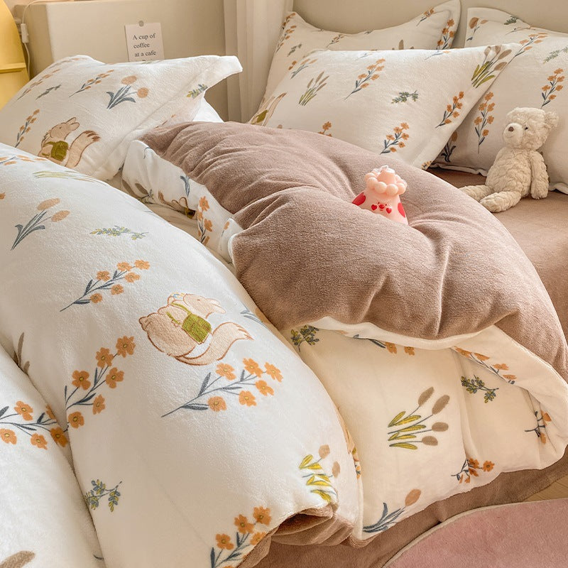 Winter Thickening Milk Fiber Bed Four-piece Coral Velvet Quilt Cover Flange Double-sided Bed Sheet Three-piece Bedding CJD2
